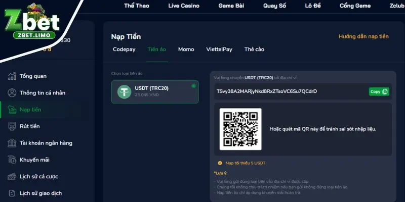 Lưu ý quan trọng cần nhớ khi nạp tiền Zbet