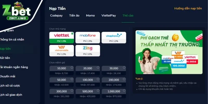 Nạp tiền vào Zbet qua thẻ cào điện thoại