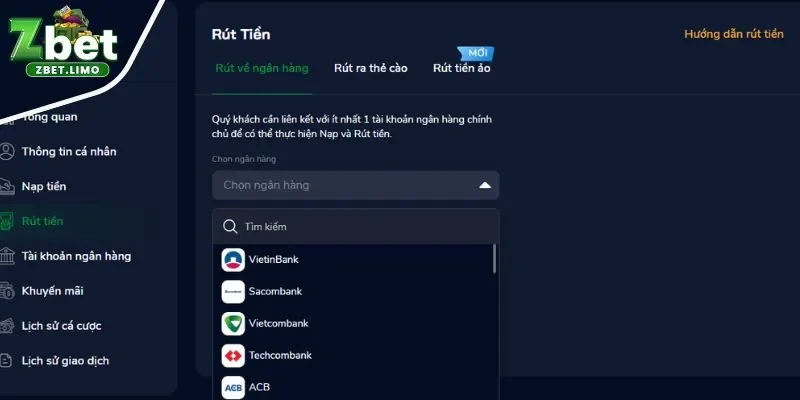 Rút tiền nhanh từ Zbet về tài khoản ngân hàng